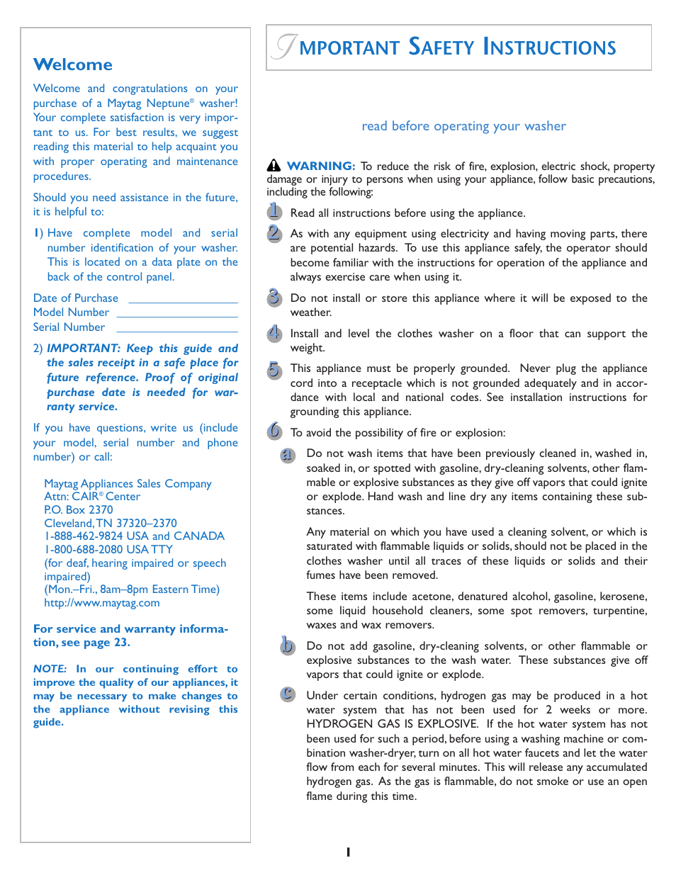Mportant, Afety, Nstructions | Maytag MAH7500 User Manual | Page 2 / 24