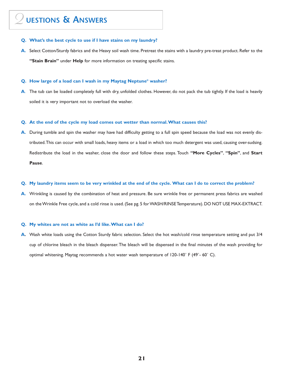 Uestions, Nswers | Maytag MAH7500 User Manual | Page 22 / 24