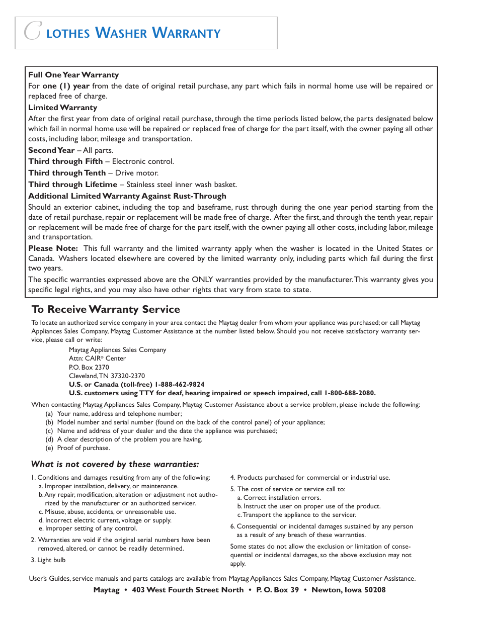 Lothes, Asher, Arranty | Maytag MAH7500 User Manual | Page 24 / 24