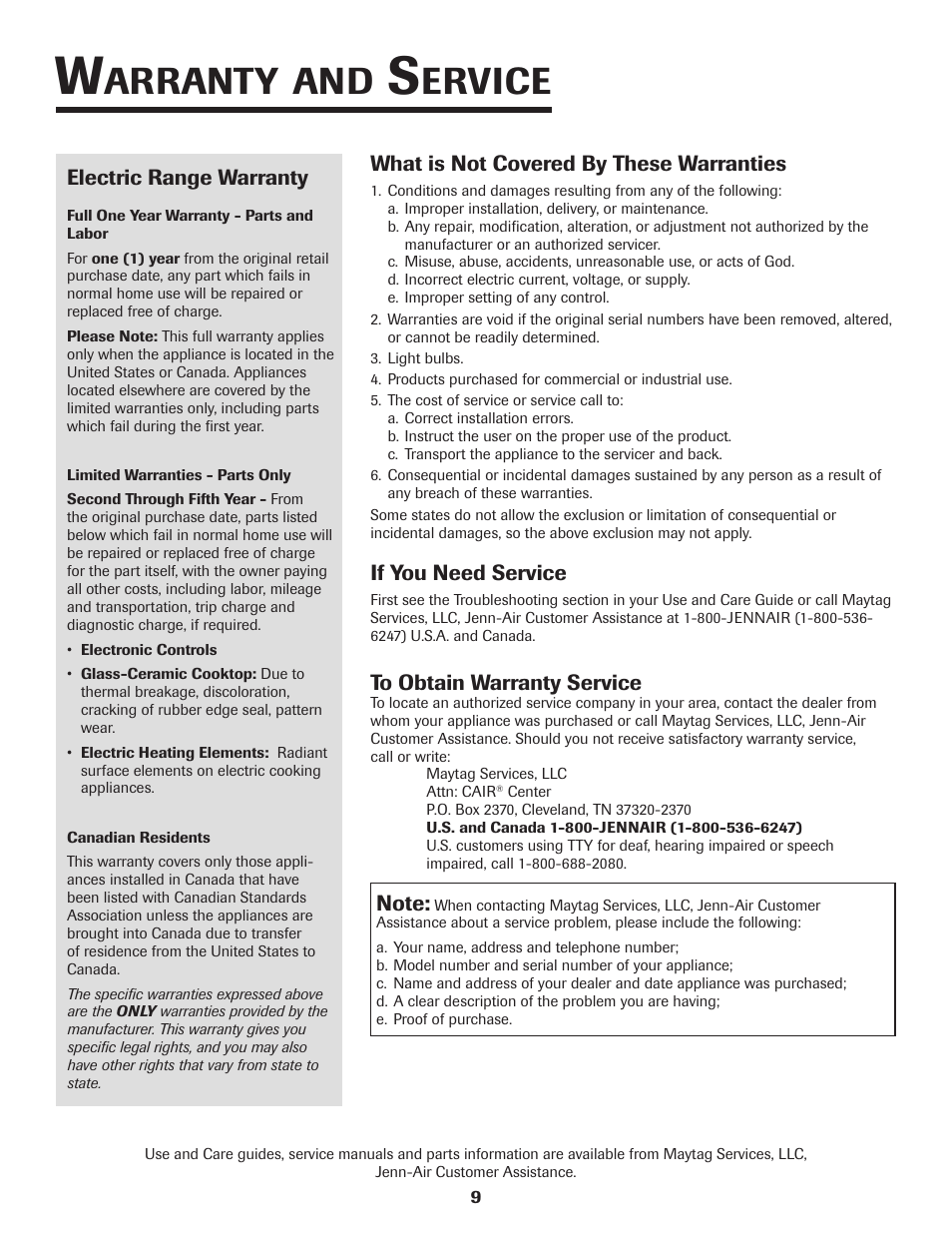 Arranty, Ervice, What is not covered by these warranties | If you need service, Electric range warranty | Maytag Jenn-Air Two-Element Cooktop User Manual | Page 10 / 32