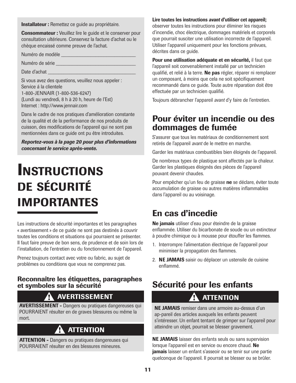 Nstructions, Sécurité, Importantes | Pour éviter un incendie ou des dommages de fumée, En cas d’incedie, Sécurité pour les enfants | Maytag Jenn-Air Two-Element Cooktop User Manual | Page 12 / 32
