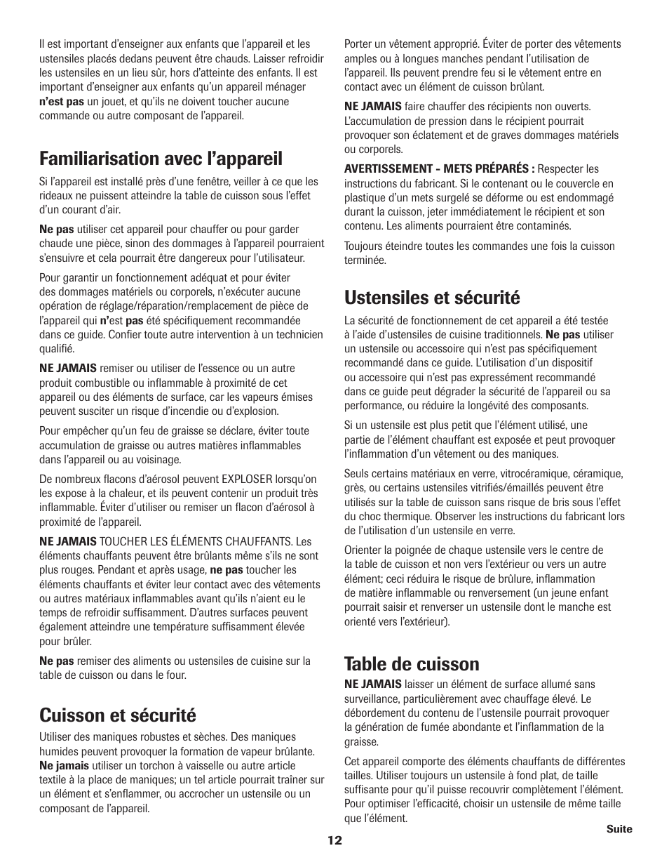 Ustensiles et sécurité, Table de cuisson, Familiarisation avec l’appareil | Cuisson et sécurité | Maytag Jenn-Air Two-Element Cooktop User Manual | Page 13 / 32