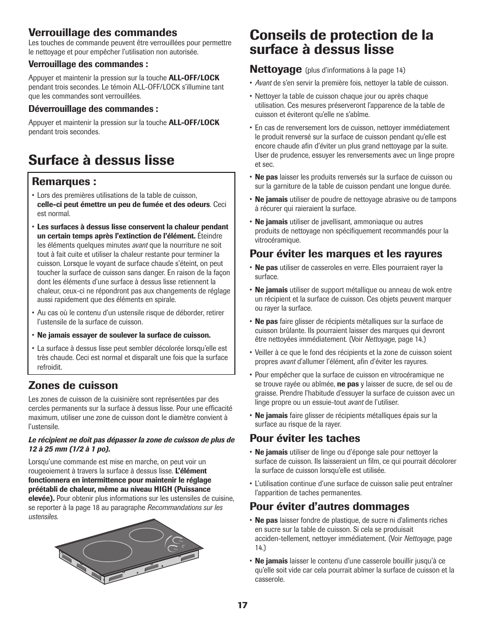 Surface à dessus lisse, Nettoyage, Pour éviter les marques et les rayures | Pour éviter les taches, Pour éviter d’autres dommages, Remarques, Zones de cuisson, Verrouillage des commandes | Maytag Jenn-Air Two-Element Cooktop User Manual | Page 18 / 32