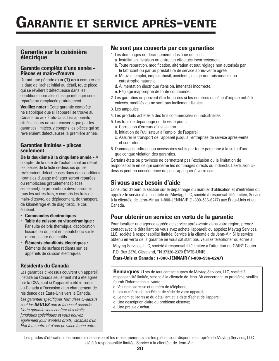 Arantie, Service, Après | Vente | Maytag Jenn-Air Two-Element Cooktop User Manual | Page 21 / 32