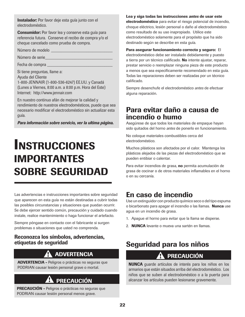Nstrucciones, Importantes, Sobre | Seguridad, Para evitar daño a causa de incendio o humo, En caso de incendio, Seguridad para los niños | Maytag Jenn-Air Two-Element Cooktop User Manual | Page 23 / 32