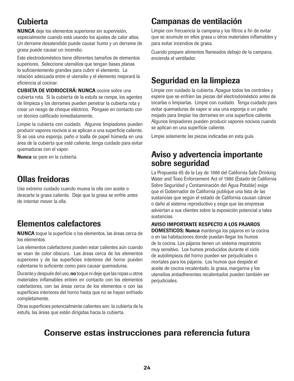 Cubierta, Ollas freidoras, Elementos calefactores | Campanas de ventilación, Seguridad en la limpieza, Aviso y advertencia importante sobre seguridad | Maytag Jenn-Air Two-Element Cooktop User Manual | Page 25 / 32