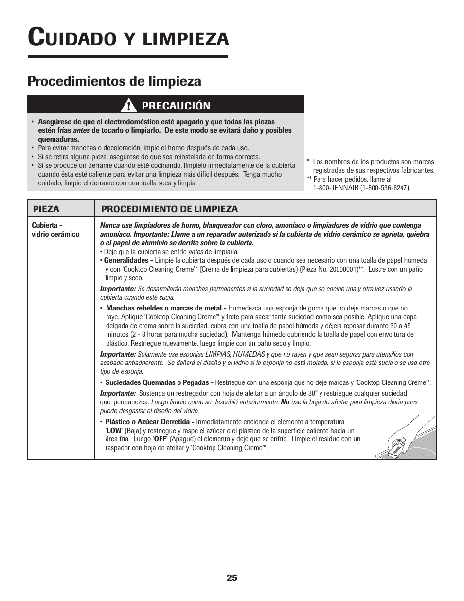 Uidado, Limpieza, Procedimientos de limpieza | Precaución | Maytag Jenn-Air Two-Element Cooktop User Manual | Page 26 / 32