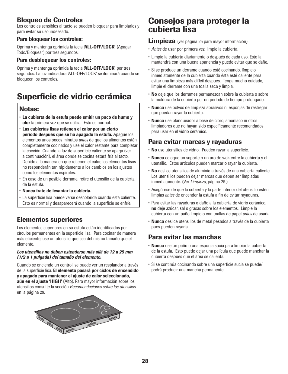 Consejos para proteger la cubierta lisa, Superfi cie de vidrio cerámica, Limpieza | Para evitar marcas y rayaduras, Para evitar las manchas, Notas, Elementos superiores, Bloqueo de controles | Maytag Jenn-Air Two-Element Cooktop User Manual | Page 29 / 32