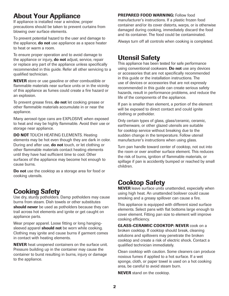 About your appliance, Cooking safety, Utensil safety | Cooktop safety | Maytag Jenn-Air Two-Element Cooktop User Manual | Page 3 / 32