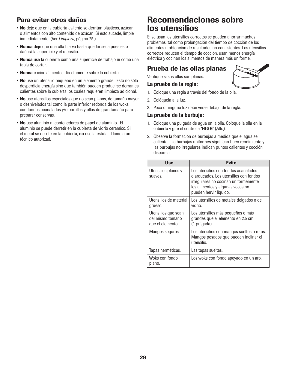 Recomendaciones sobre los utensilios, Para evitar otros daños, Prueba de las ollas planas | Maytag Jenn-Air Two-Element Cooktop User Manual | Page 30 / 32