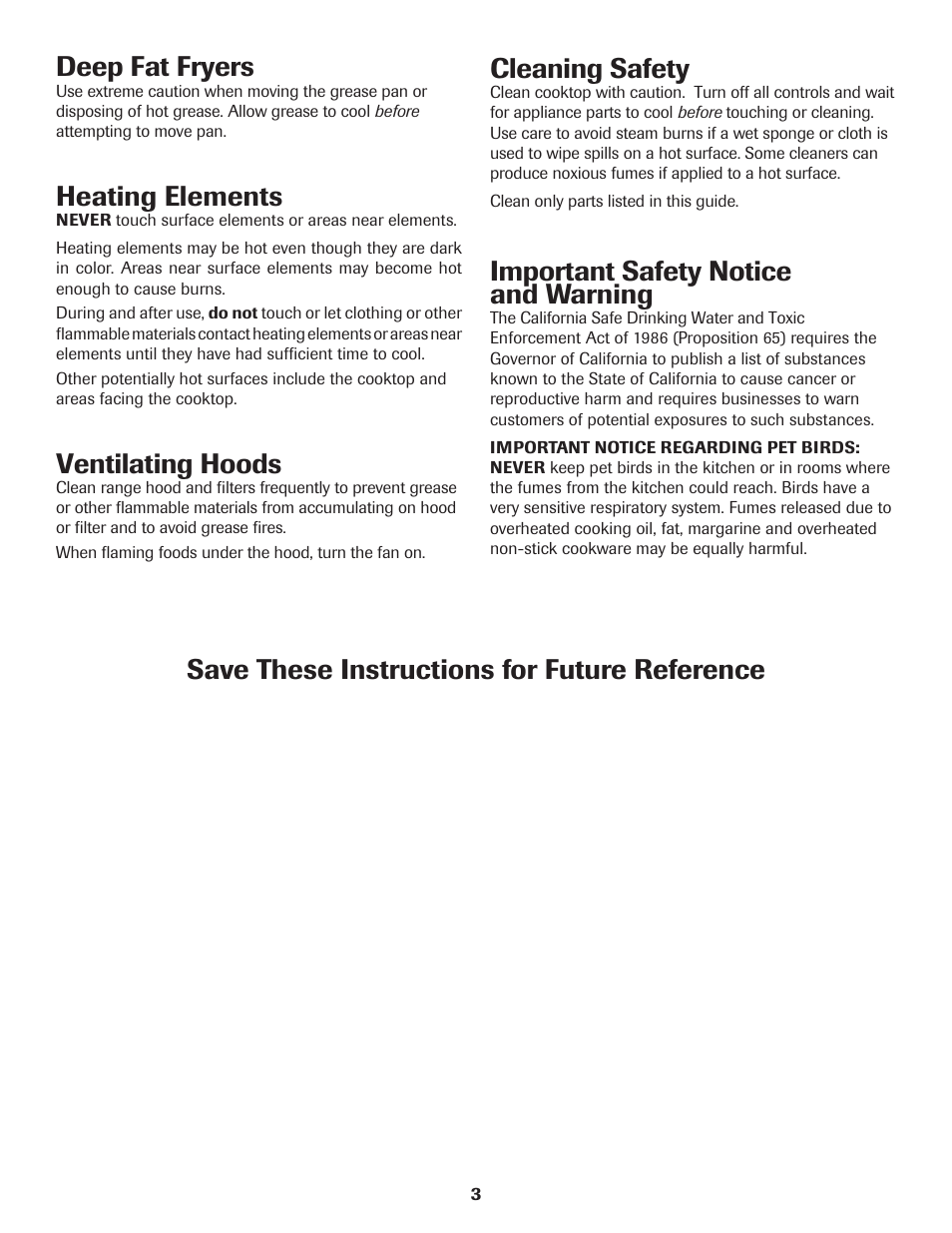 Heating elements, Ventilating hoods, Cleaning safety | Important safety notice and warning | Maytag Jenn-Air Two-Element Cooktop User Manual | Page 4 / 32