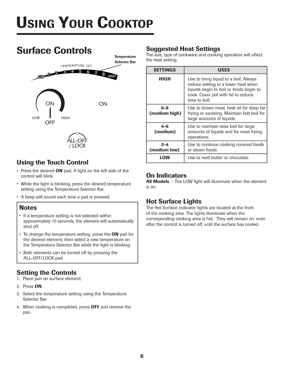 Sing, Ooktop, Surface controls | Maytag Jenn-Air Two-Element Cooktop User Manual | Page 7 / 32