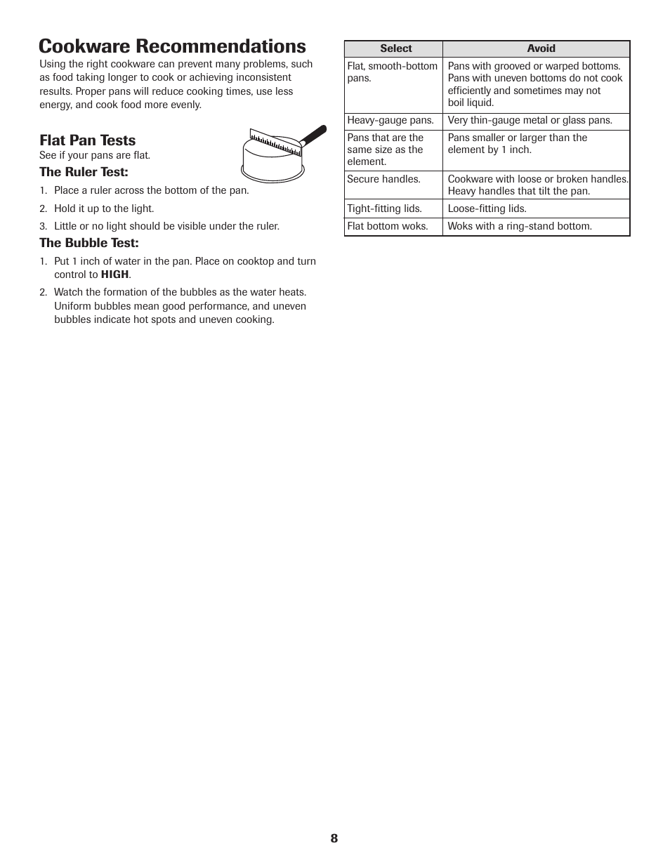 Cookware recommendations, Flat pan tests | Maytag Jenn-Air Two-Element Cooktop User Manual | Page 9 / 32