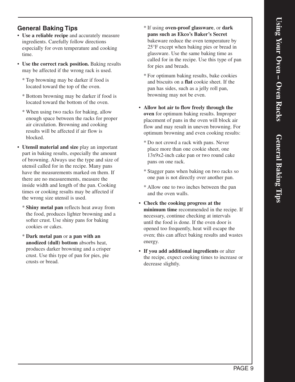 Using y our oven – oven racks general baking t ips | Maytag CWG4600 User Manual | Page 11 / 24