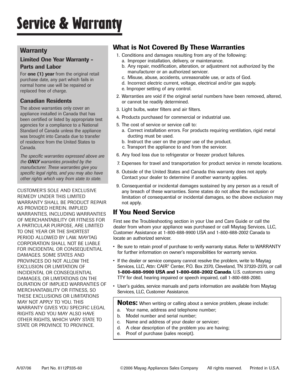 Service & warranty, Warranty, What is not covered by these warranties | If you need service | Maytag CWG4600 User Manual | Page 24 / 24