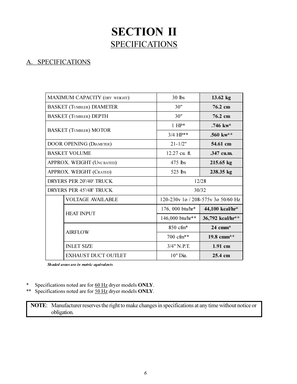 Specifications, A. specifications | Maytag MDG-30 User Manual | Page 10 / 52