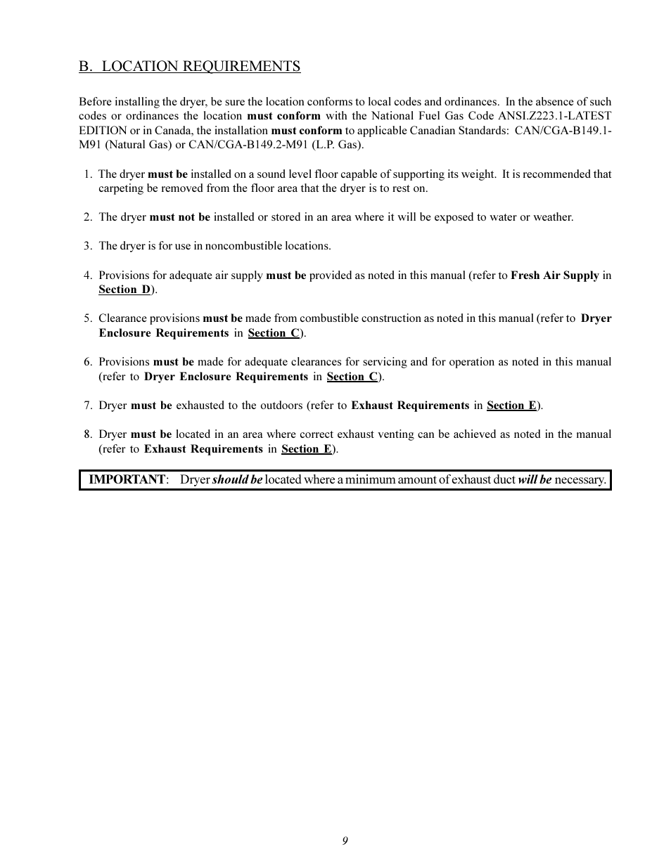 B. location requirements | Maytag MDG-30 User Manual | Page 13 / 52