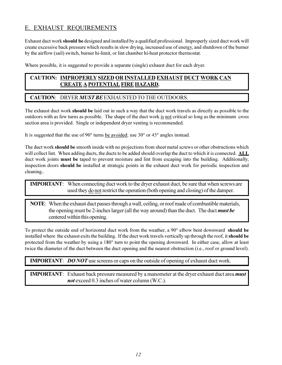 E. exhaust requirements | Maytag MDG-30 User Manual | Page 16 / 52