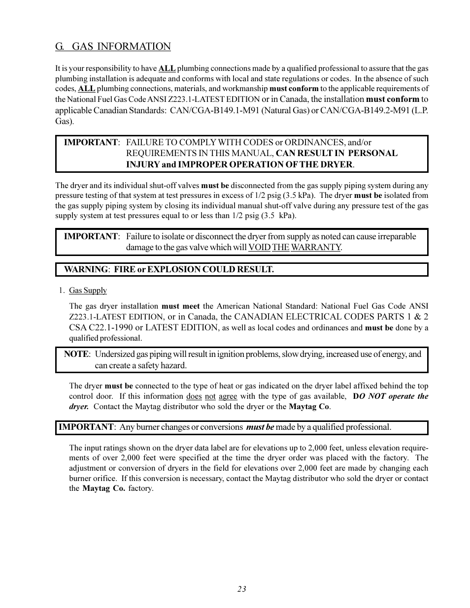 G. gas information | Maytag MDG-30 User Manual | Page 27 / 52