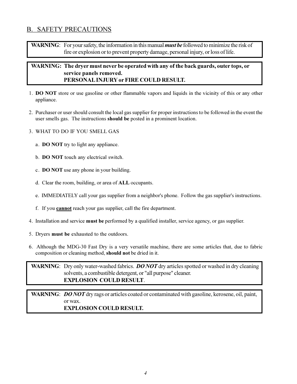 B. safety precautions | Maytag MDG-30 User Manual | Page 8 / 52