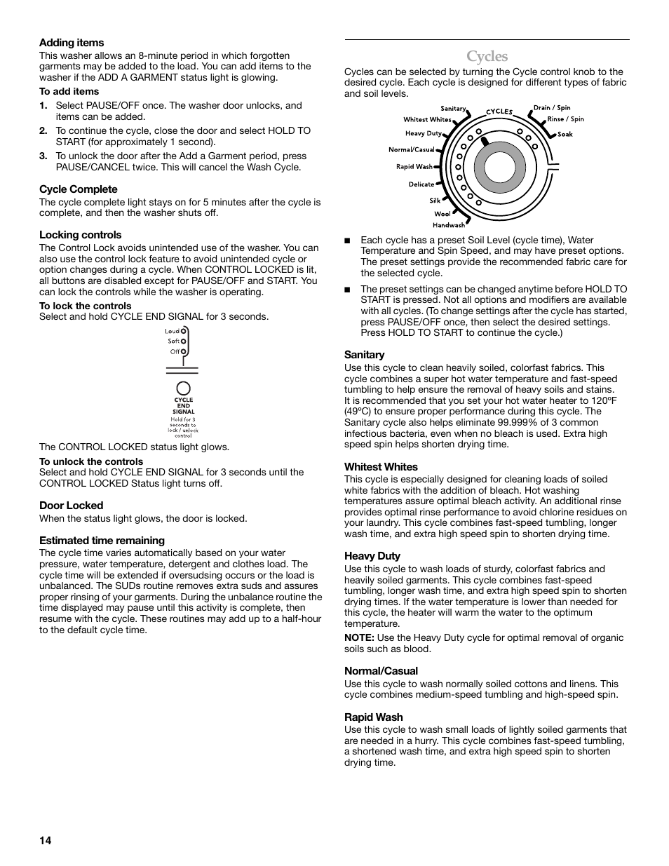 Cycles | Maytag FRONT-LOADINGAUTOMATICWASHER User Manual | Page 14 / 72