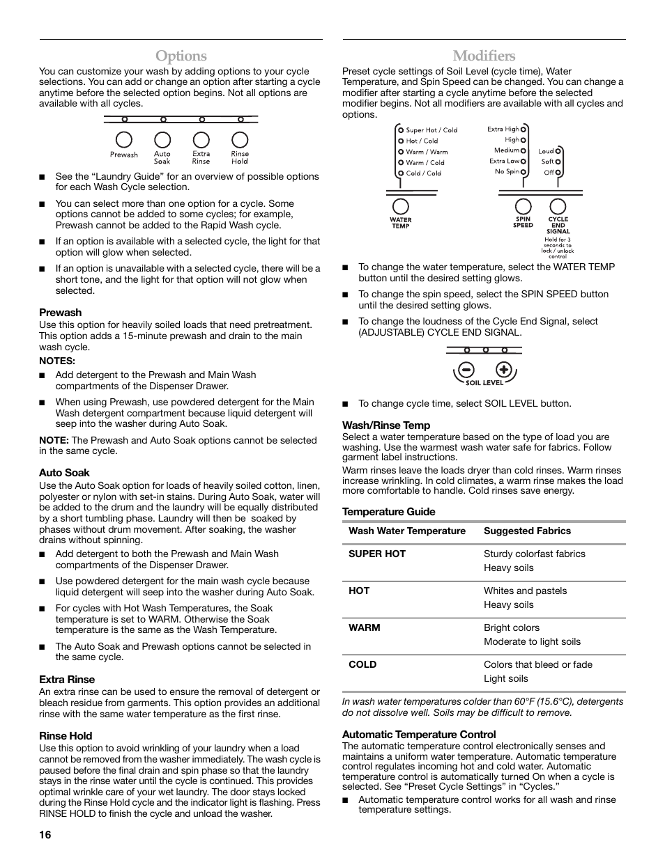Options, Modifiers | Maytag FRONT-LOADINGAUTOMATICWASHER User Manual | Page 16 / 72