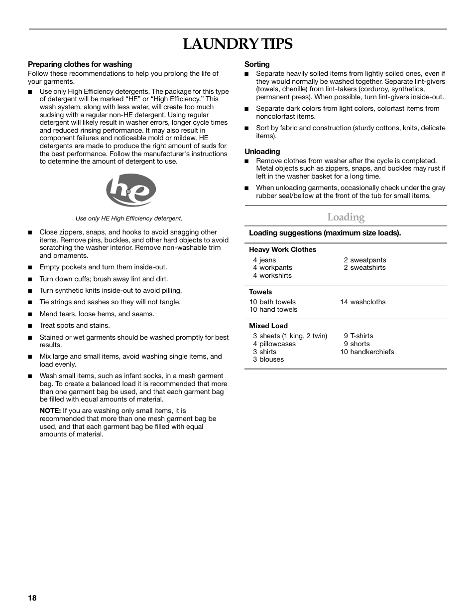 Laundry tips, Loading | Maytag FRONT-LOADINGAUTOMATICWASHER User Manual | Page 18 / 72