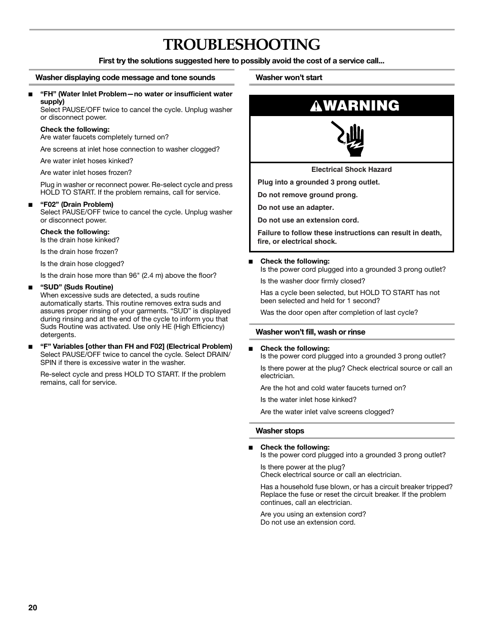 Troubleshooting, Warning | Maytag FRONT-LOADINGAUTOMATICWASHER User Manual | Page 20 / 72