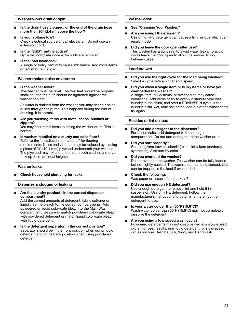 Maytag FRONT-LOADINGAUTOMATICWASHER User Manual | Page 21 / 72