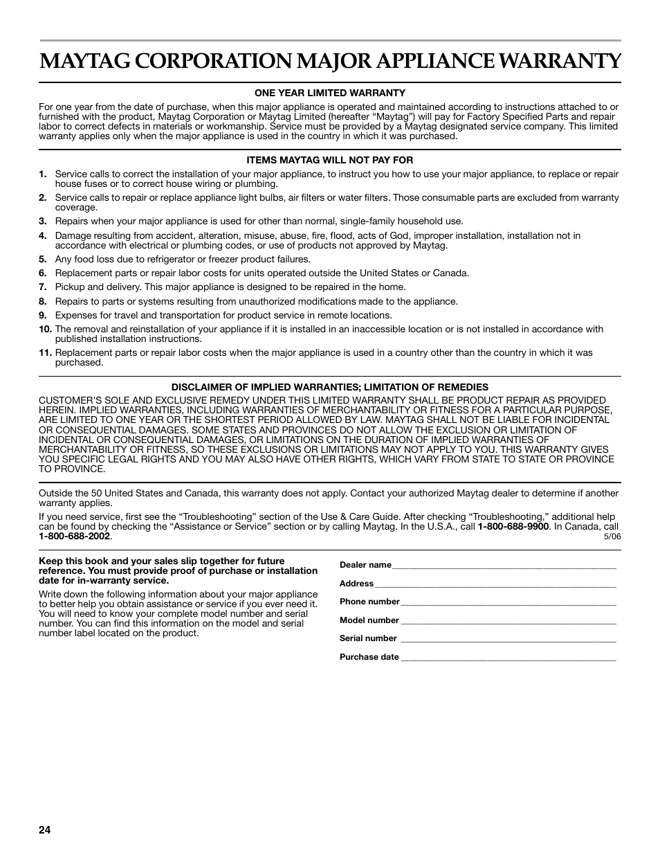 Maytag corporation major appliance warranty | Maytag FRONT-LOADINGAUTOMATICWASHER User Manual | Page 24 / 72