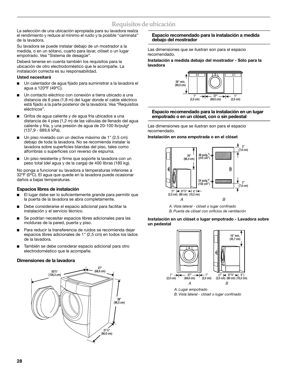 Requisitos de ubicación, Espacios libres de instalación | Maytag FRONT-LOADINGAUTOMATICWASHER User Manual | Page 28 / 72