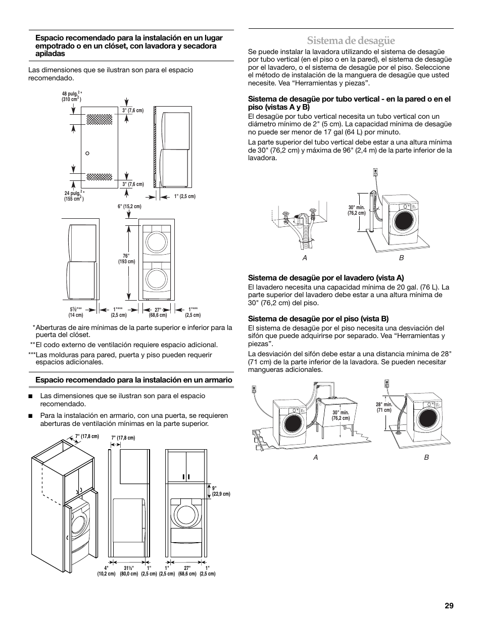Sistema de desagüe, Sistema de desagüe por el lavadero (vista a), Sistema de desagüe por el piso (vista b) | Maytag FRONT-LOADINGAUTOMATICWASHER User Manual | Page 29 / 72