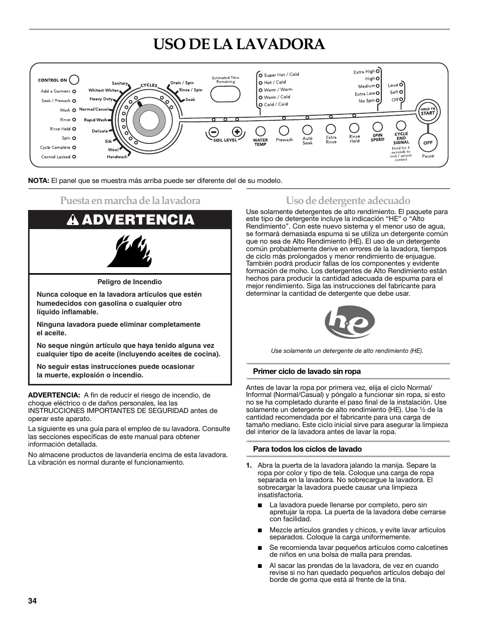 Uso de la lavadora, Advertencia, Puesta en marcha de la lavadora | Uso de detergente adecuado | Maytag FRONT-LOADINGAUTOMATICWASHER User Manual | Page 34 / 72