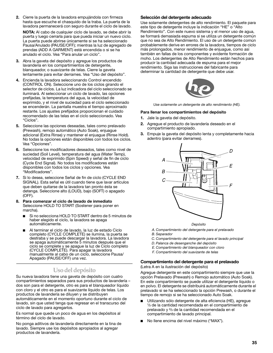 Uso del depósito | Maytag FRONT-LOADINGAUTOMATICWASHER User Manual | Page 35 / 72
