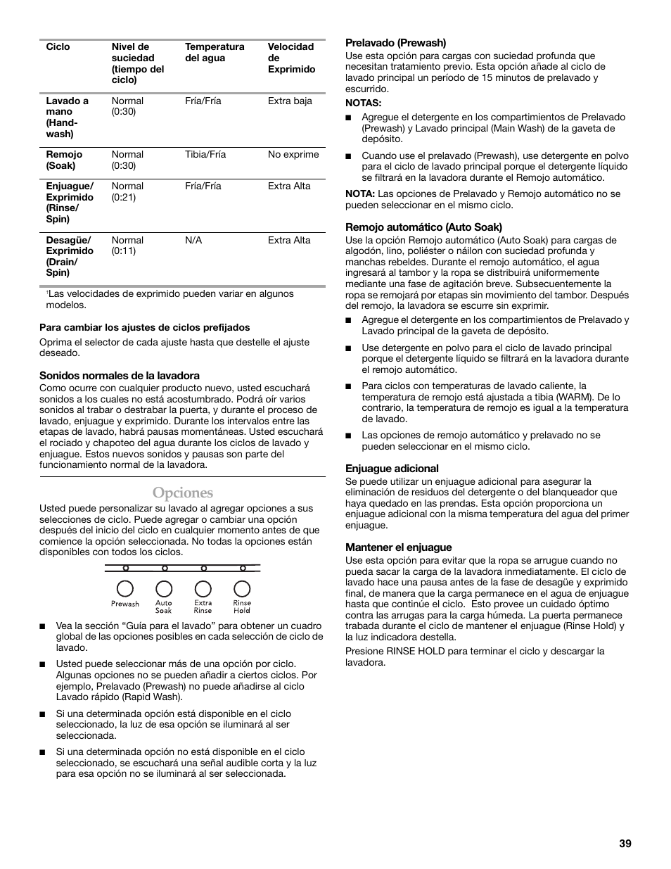 Opciones | Maytag FRONT-LOADINGAUTOMATICWASHER User Manual | Page 39 / 72