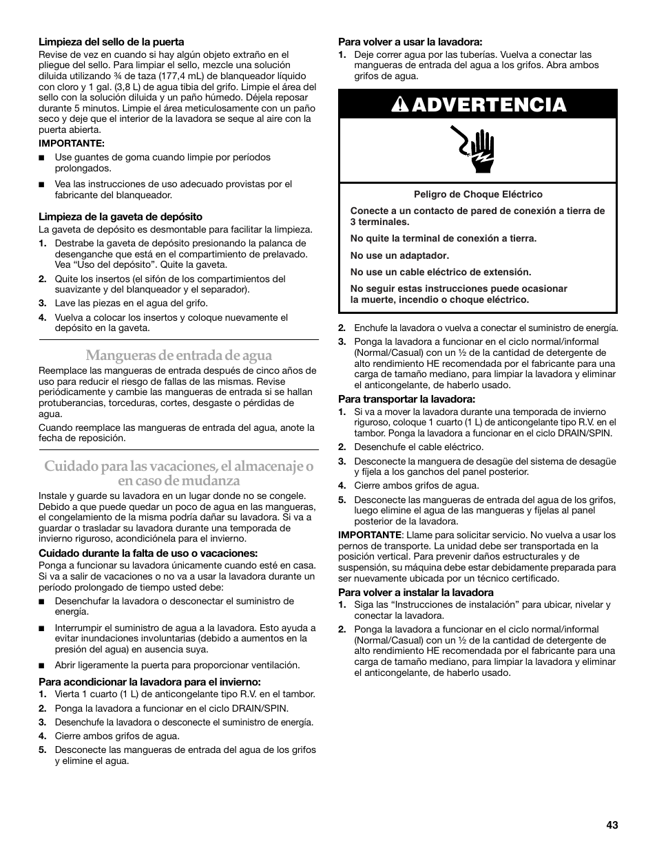 Advertencia, Mangueras de entrada de agua | Maytag FRONT-LOADINGAUTOMATICWASHER User Manual | Page 43 / 72