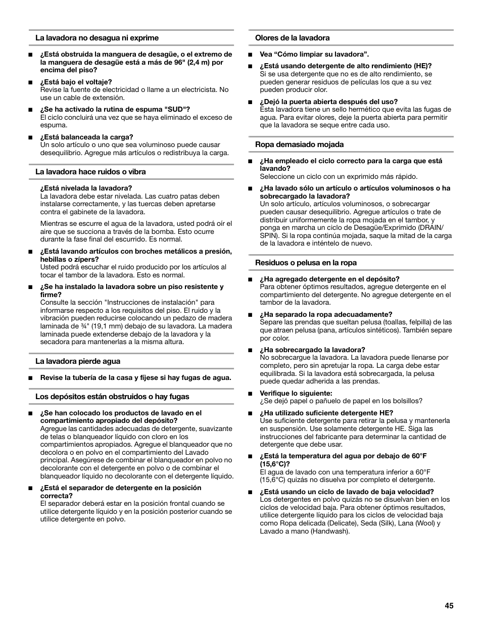 Maytag FRONT-LOADINGAUTOMATICWASHER User Manual | Page 45 / 72