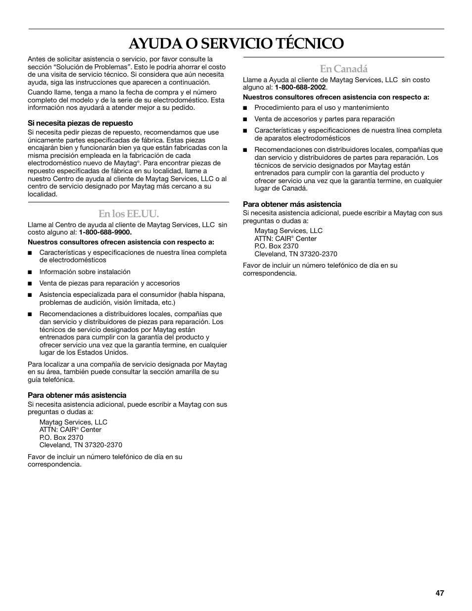Ayuda o servicio técnico, En los ee.uu, En canadá | Maytag FRONT-LOADINGAUTOMATICWASHER User Manual | Page 47 / 72
