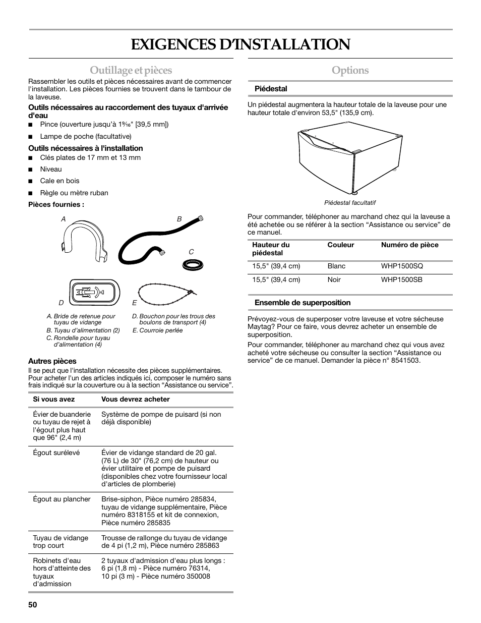 Exigences d’installation, Outillage et pièces, Options | Maytag FRONT-LOADINGAUTOMATICWASHER User Manual | Page 50 / 72