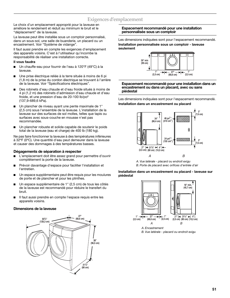 Exigences d’emplacement, Dégagements de séparation à respecter | Maytag FRONT-LOADINGAUTOMATICWASHER User Manual | Page 51 / 72