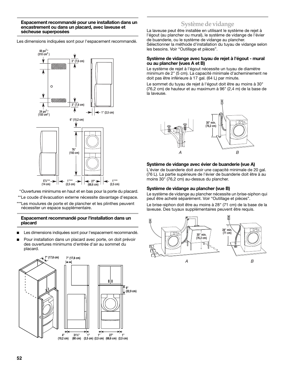Système de vidange, Système de vidange avec évier de buanderie (vue a), Système de vidange au plancher (vue b) | Maytag FRONT-LOADINGAUTOMATICWASHER User Manual | Page 52 / 72