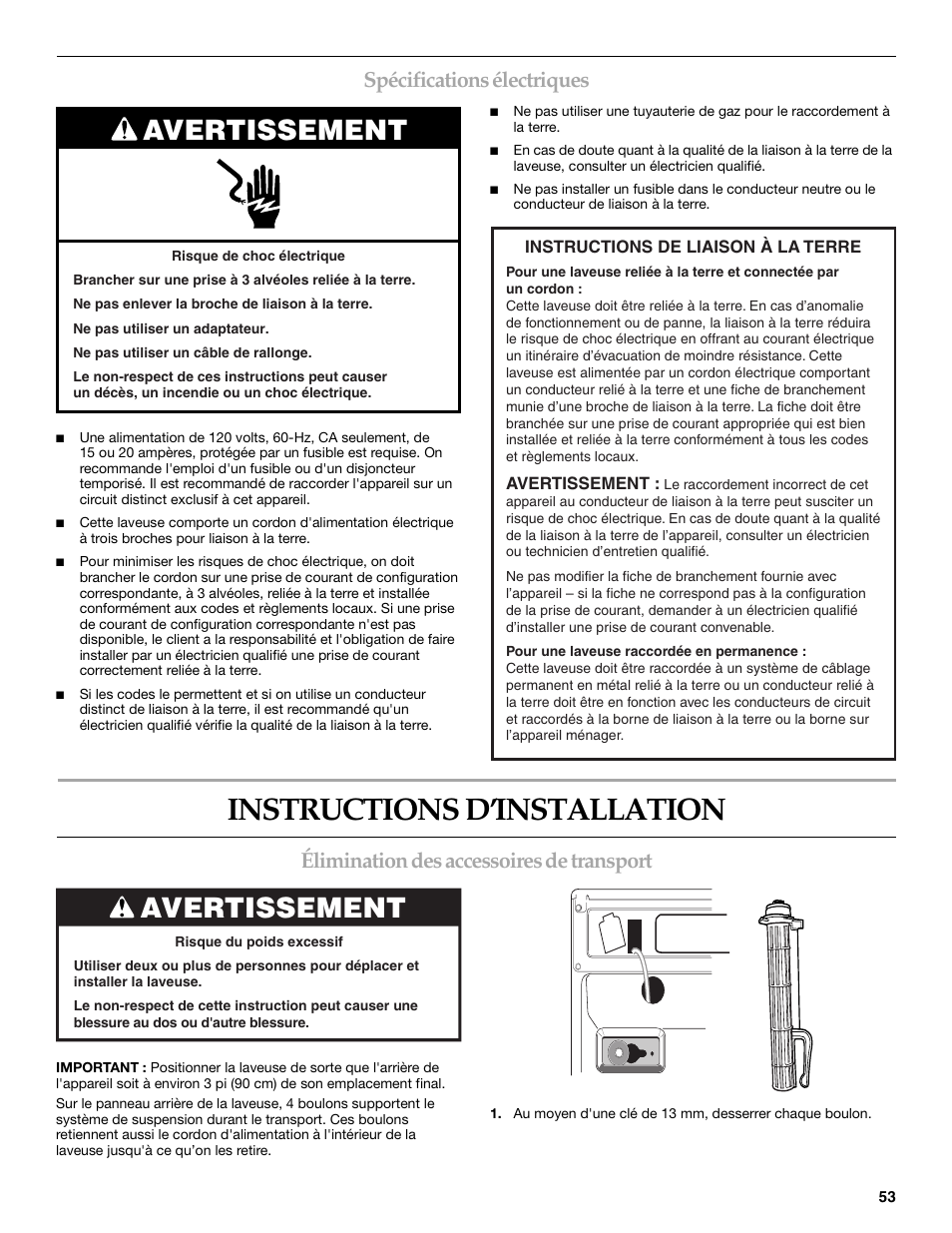 Instructions d’installation, Avertissement, Spécifications électriques | Élimination des accessoires de transport | Maytag FRONT-LOADINGAUTOMATICWASHER User Manual | Page 53 / 72