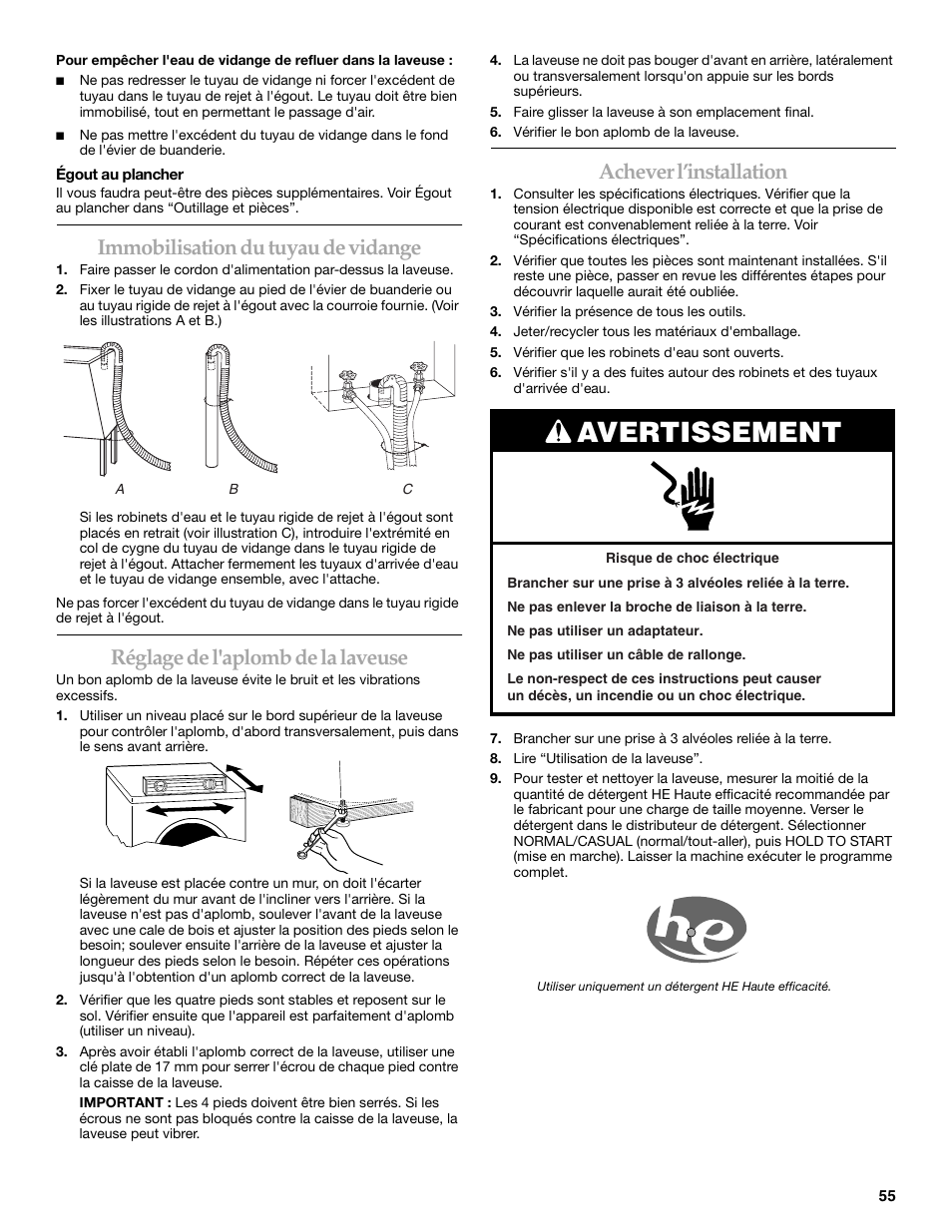 Avertissement, Immobilisation du tuyau de vidange, Réglage de l'aplomb de la laveuse | Achever l’installation | Maytag FRONT-LOADINGAUTOMATICWASHER User Manual | Page 55 / 72