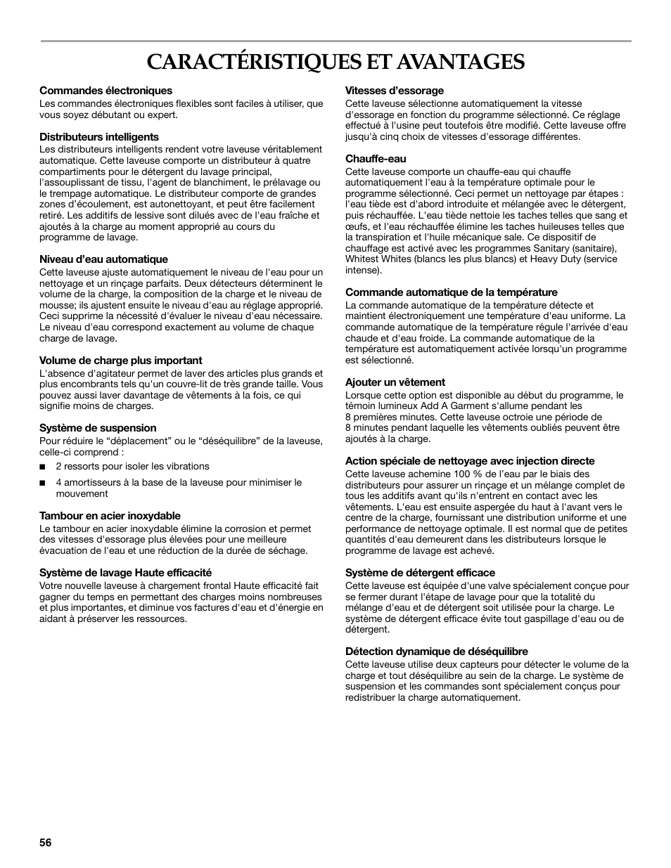 Caractéristiques et avantages | Maytag FRONT-LOADINGAUTOMATICWASHER User Manual | Page 56 / 72
