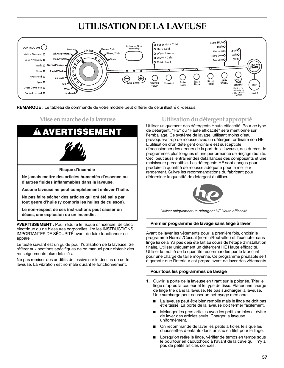 Utilisation de la laveuse, Avertissement, Mise en marche de la laveuse | Utilisation du détergent approprié | Maytag FRONT-LOADINGAUTOMATICWASHER User Manual | Page 57 / 72