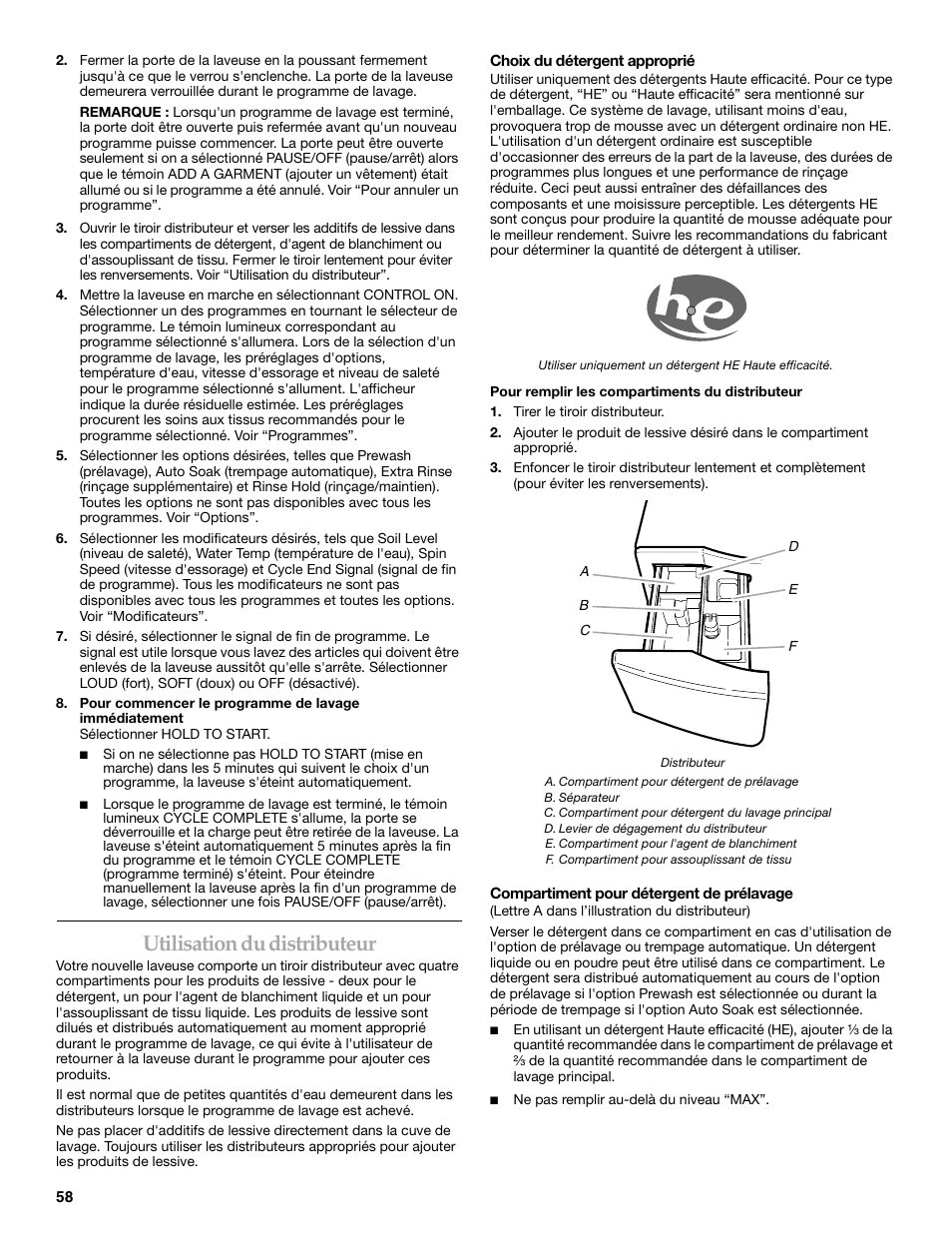 Utilisation du distributeur | Maytag FRONT-LOADINGAUTOMATICWASHER User Manual | Page 58 / 72