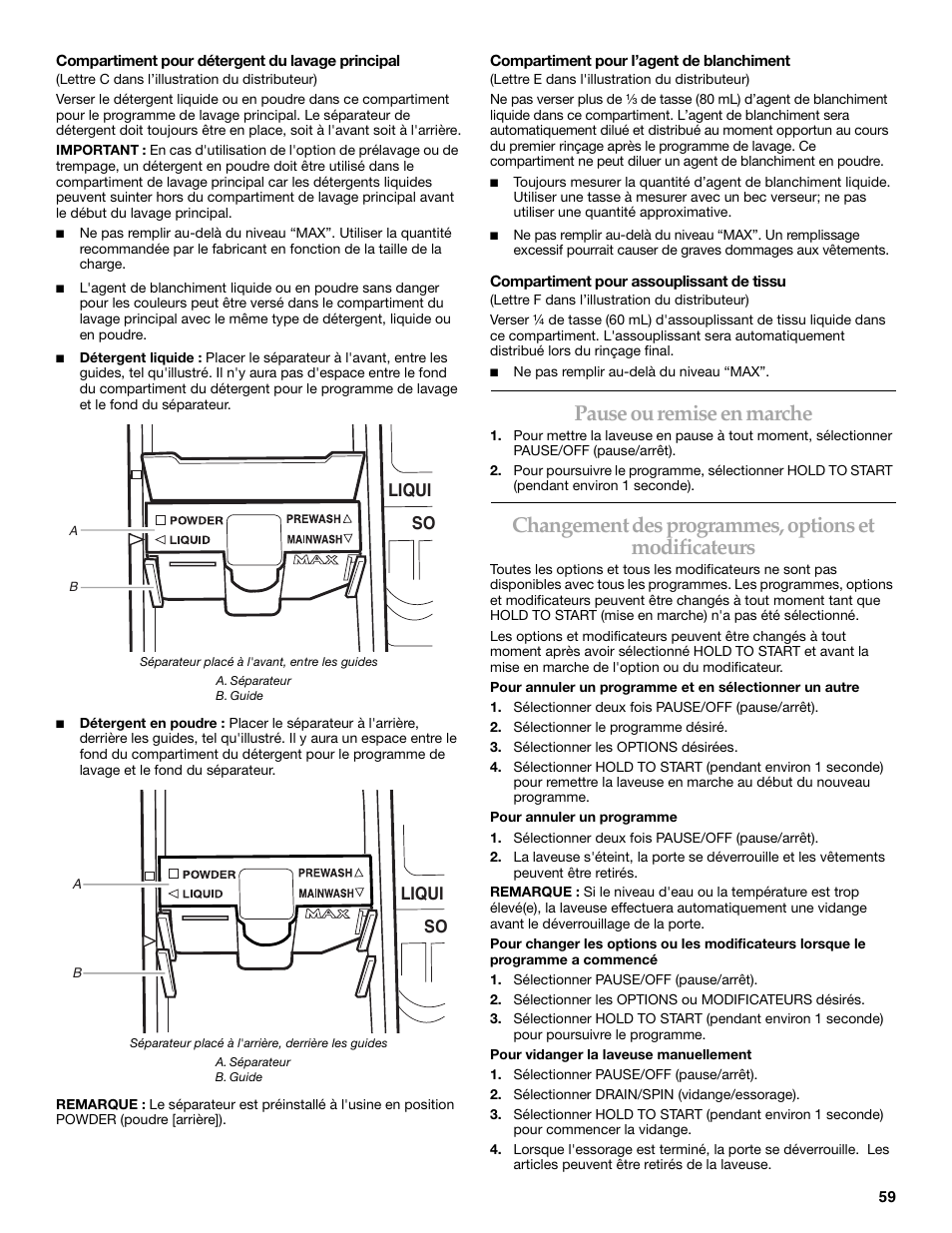 Pause ou remise en marche | Maytag FRONT-LOADINGAUTOMATICWASHER User Manual | Page 59 / 72