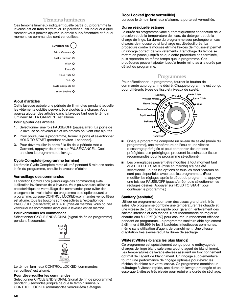 Témoins lumineux, Programmes | Maytag FRONT-LOADINGAUTOMATICWASHER User Manual | Page 60 / 72