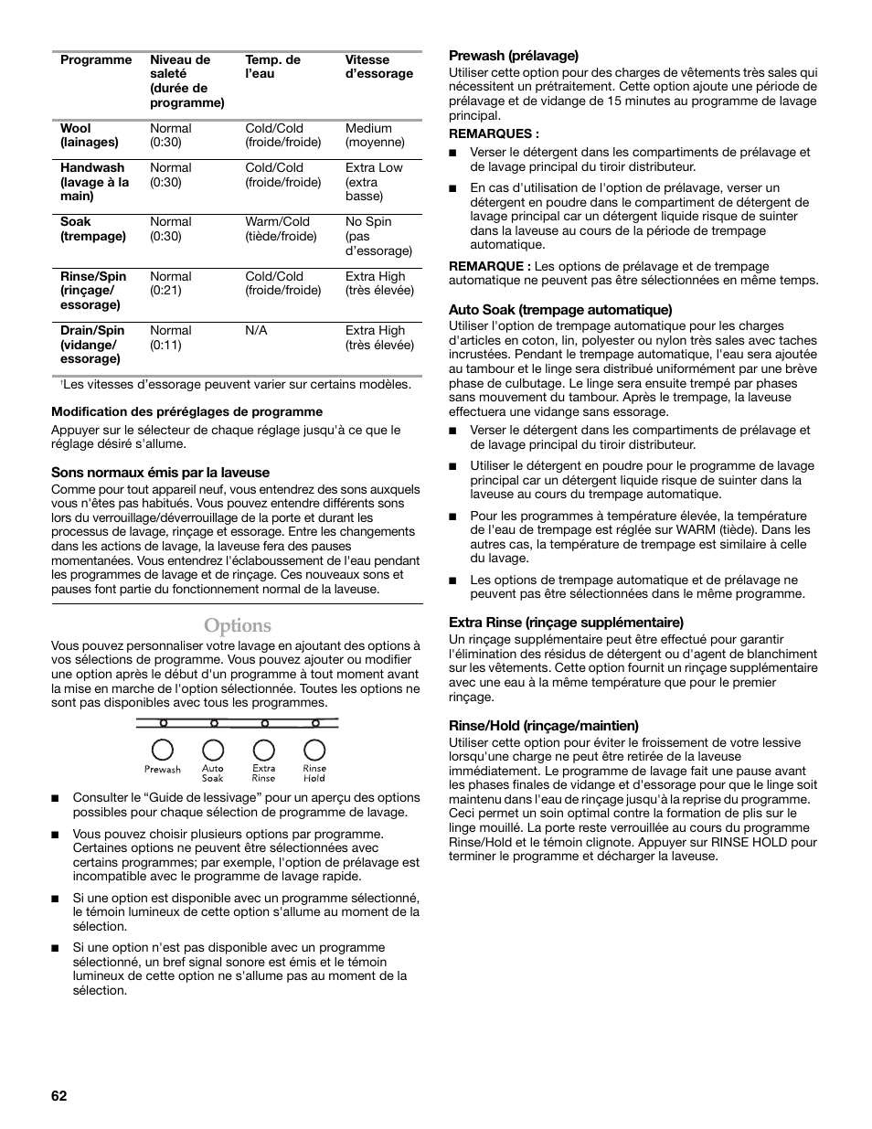 Options | Maytag FRONT-LOADINGAUTOMATICWASHER User Manual | Page 62 / 72