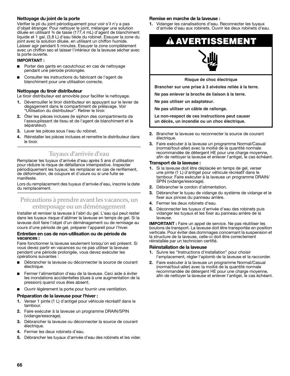 Avertissement, Tuyaux d'arrivée d'eau | Maytag FRONT-LOADINGAUTOMATICWASHER User Manual | Page 66 / 72